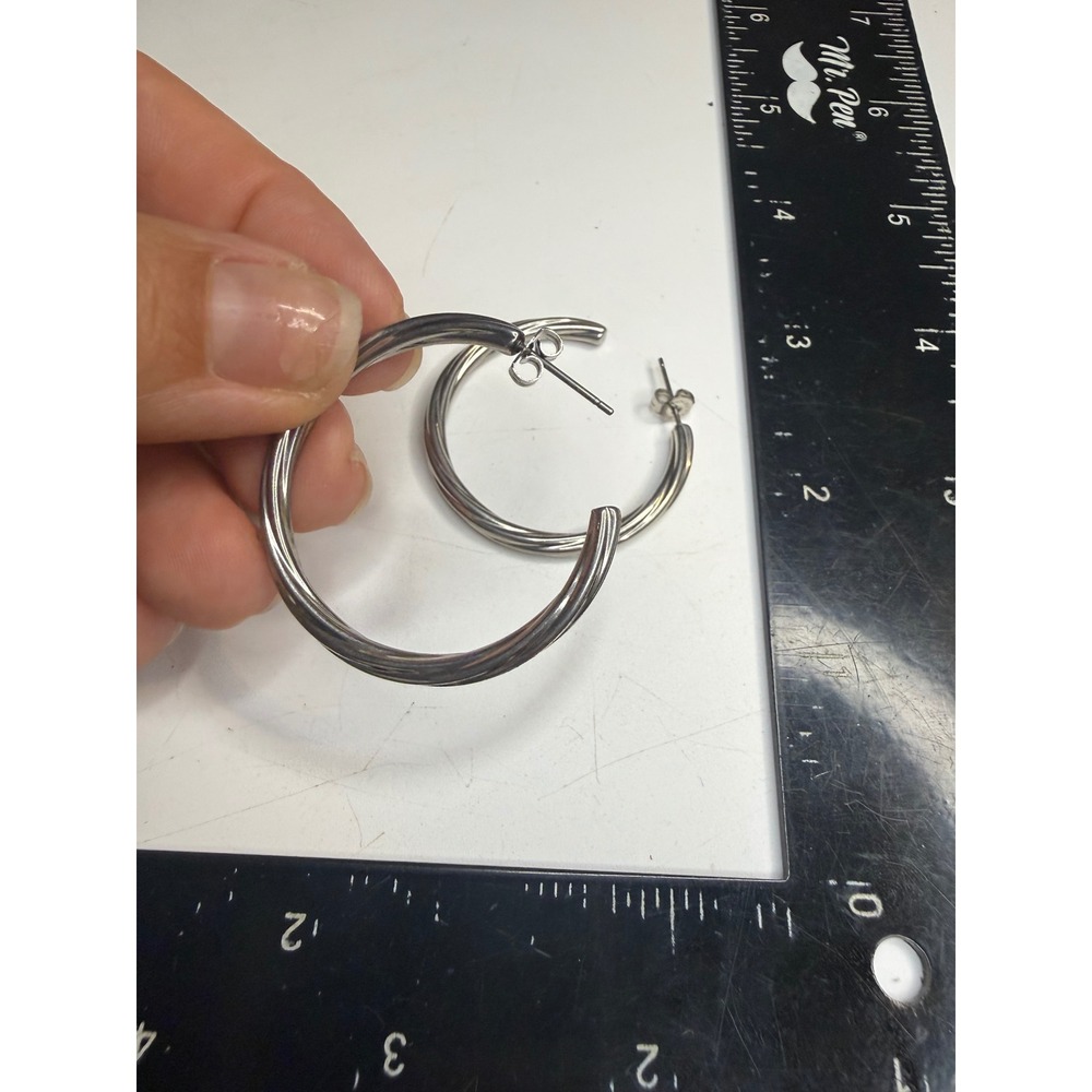 Silver Tone Twisted Hoop Earrings Medium High Polished Post Backs